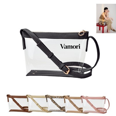 Clear Zipper Cross Body Bag with Vegan Leather Trim