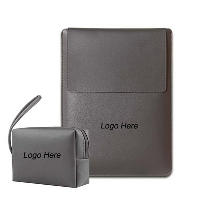 Leather Laptop Sleeve with Assessories Storage Pouch