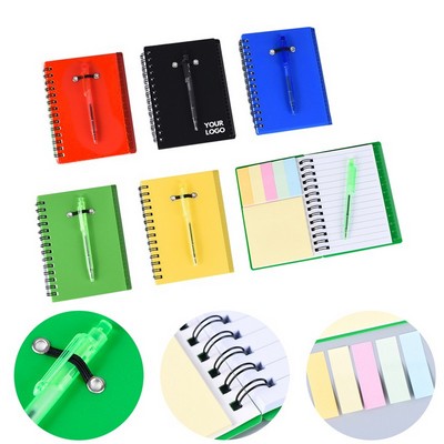 Portable Spiral Notebook Steno Pocket Notepad w/Pen in Holder & Sticky Notes