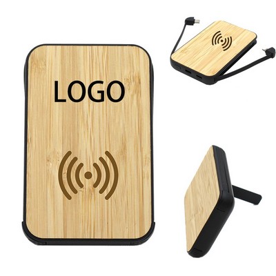 Eco Friendly Portable Bamboo Wireless Magnetic Charging Power Bank w/Phone Holder 5000mAh