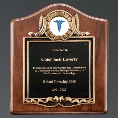 American Walnut Plaque with 2" EMT Insert and Cast Metal Gold Frame, Black Brass Plate, 10"x12"