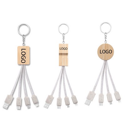 Eco-Friendly Wheat Straw 3-in-1 Charging Cable with Keychain and Phone Stand
