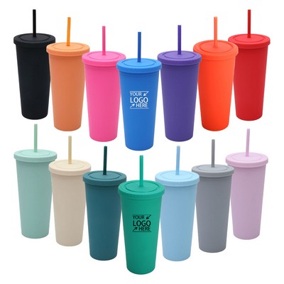 24 Oz Double-Layer Plastic Cup With Lid & Straw