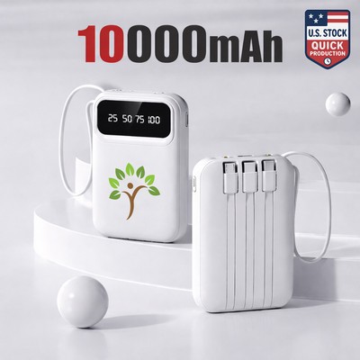 10000mAh Power Bank with 4 Built-In Cables, LED Display and Flashlight