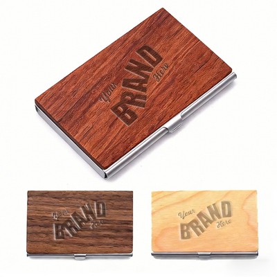Metal Business Card Holder w/ Wooden Coated Cover