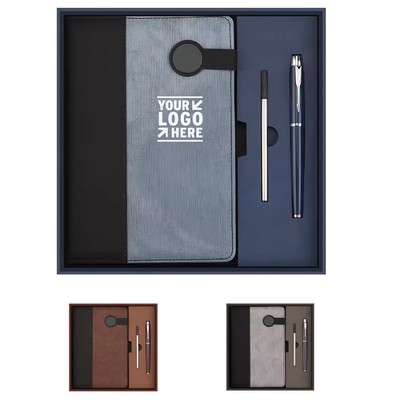 Two-Tone Clasp Leather Notebook & 2-Pen Gift Set