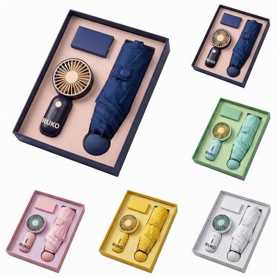 Compact 5-Fold Umbrella and Portable Fan with Light Gift Set