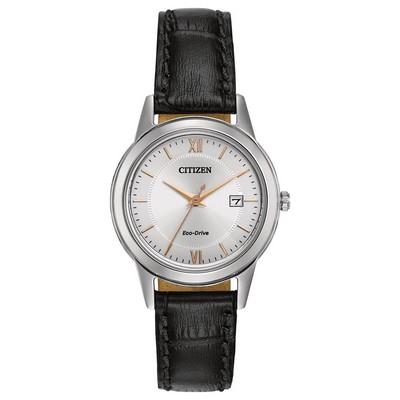 Citizen® Ladies Stainless Steel Eco-Drive Watch, W/ Black Leather Strap & Rose Gold Accents