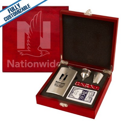 Flask Set w/Cards & Dice Rosewood Finish