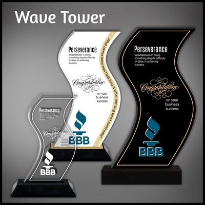 13" Wave Tower Clear Budget Line Acrylic Award in a Black Wood Base