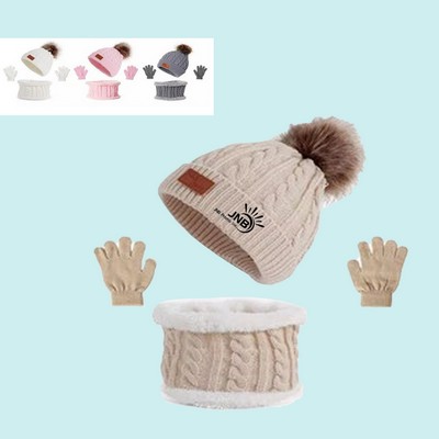 Winter Knitted Beanie Hat and Neck Scarf Set with Gloves