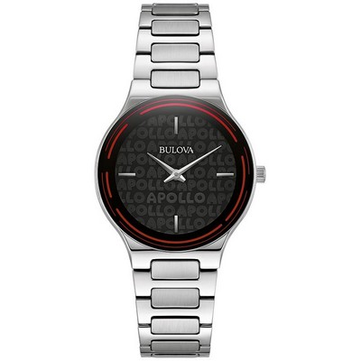 Bulova Watches Ladies' Apollo Silver-Tone Stainless Steel Bracelet Watch Black Dial
