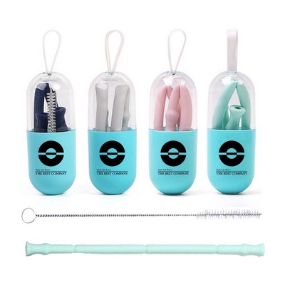 Reusable Collapsible Eco Silicone Drinking Straw With Case