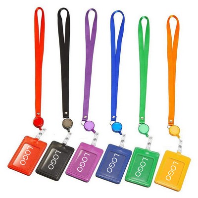 PU Leather ID Card Badge Holder with Lanyard