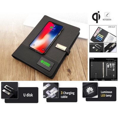 8000mah PU Leather Wireless Charging Power Bank Notebook With USB Flash Drive