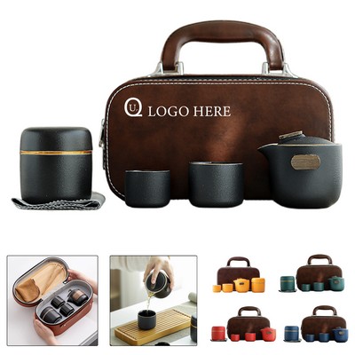 Ceramic Travel Tea Set W/ Wooden Handle And Canister