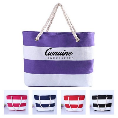 Canvas Beach Tote Bag with Zip and Rope Handle