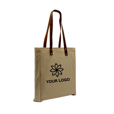 Edged Deluxe Leather Strap Natural Canvas Gusset Tote Bag