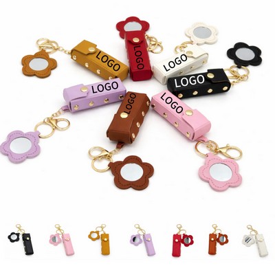 PU Leather Lipstick Holder Keychain with Mirror