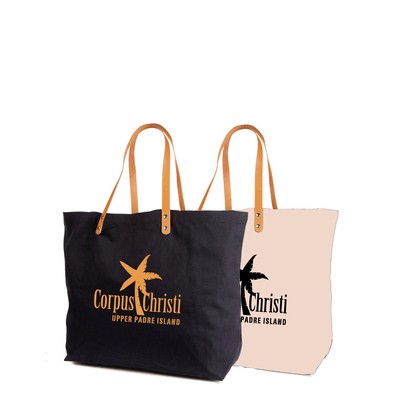Eco-friendly 10 oz. Cotton Shopping & Beach Tote Bag with Leather Handle