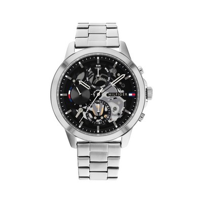 Tommy Hilfiger® Gent's Stainless Steel Watch w/Black Skeleton Dial