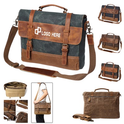 Canvas Leather Messenger Bag W/ Multi Inner Pockets