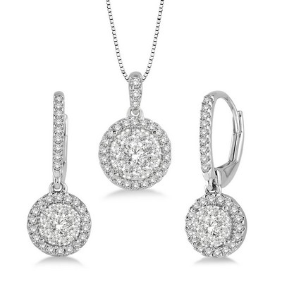 Jilco Inc Diamond Cluster Earring And Necklace Set - Silver/White