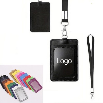Neck Lanyard w/ PU Leather ID Card Badge Holder