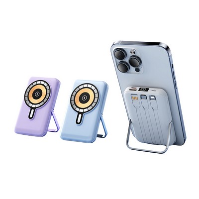 10000mAh 3 Built Cable Portable Magnetic Charger Wireless Power Bank With with Foldable Stand