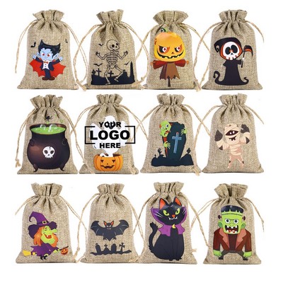 Custom Halloween Linen Bags - Drawstring Treat Pouches For Candy Storage & Holiday Decorations