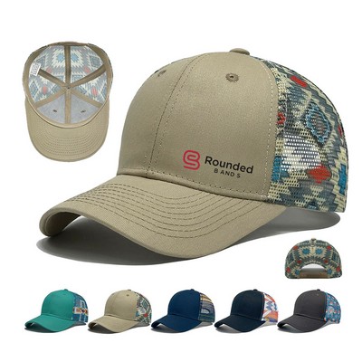 Cotton Patterned Mesh Trucker Cap With Aztec-Style