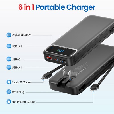 20000mAh Portable Charger Power Bank,Built in Cable Power Bank With AC Wall Plug