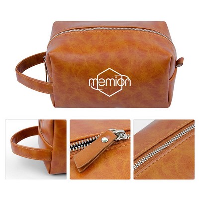 Water Resistant Large Capacity Vintage Pu Leather Travel Toiletry Makeup Storage Bag