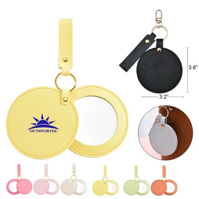 Rotating Round Makeup Pocket Mirror Keychains With PU Cover