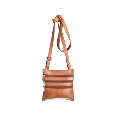 Champs Luggage Tan Leather Triple Zip Crossbody Bag Size 7"X7"X0.5"