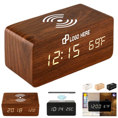 Wooden Led Alarm Clock W/ Wireless Charger