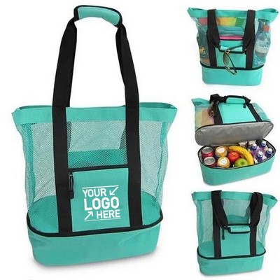 Portable Insulated Mesh Beach Tote Cooler Bag With Zipper