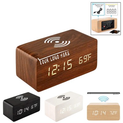 Digital Wooden Alarm Clock with Wireless Charging