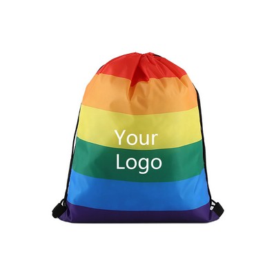 Large Capacity Polyester Rainbow Stripes Drawstring Backpack