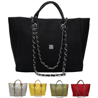 Classic Canvas Tote Bag with Chain Detail