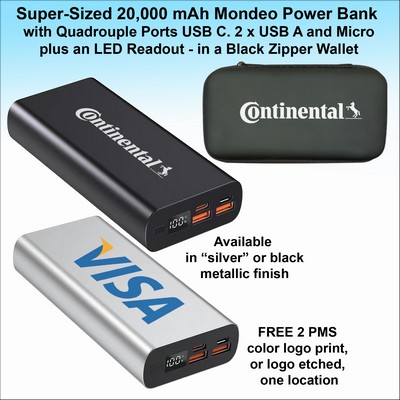 Super Sized 20,000 mAh Mondeo Power Bank 4 Ports USB C and USB A, LED readout.