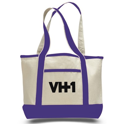Heavy Canvas Deluxe 2-Pocket Tote (PRINTED)--Natural/Purple