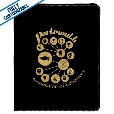 Black & Gold Leatherette - 9.5X12" Zip Portfolio Folder With Notepad