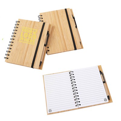Spiral Bamboo Cover Notepad w/ Pen