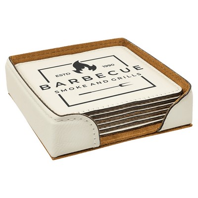 4" x 4" White Square Leatherette 6-Coaster Set