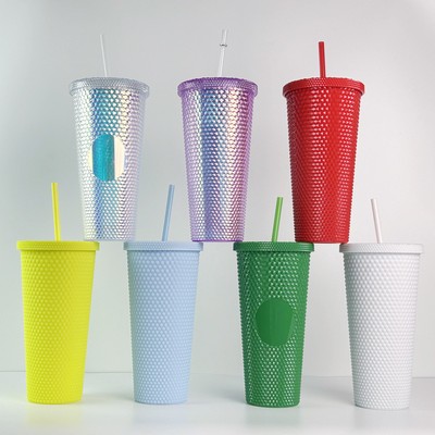 Double-Layer Plastic Straw Tumbler (710ml) with Creative Durian or Diamond design