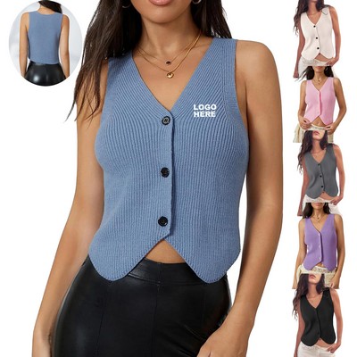 Custom Women's Sleeveless V-Neck Buttoned Sweater Vest