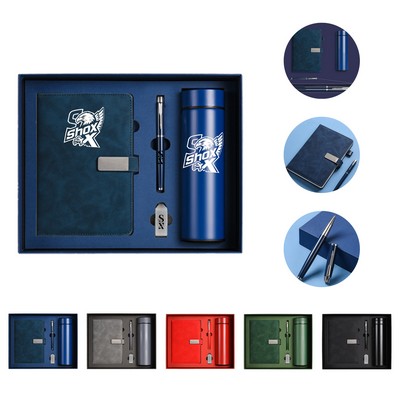 MOQ 20 Premium A5 Leather Notebook, USB, Ballpoint Pen, Thermos Cup Gift Set