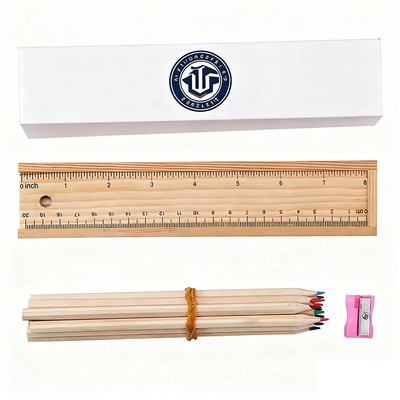 Eco-Friendly Wooden Stationery Gift Set W/ 12 Colored Pencils & Dual Ruler