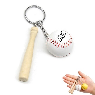 Mini Baseball Keychain with Wooden Bat